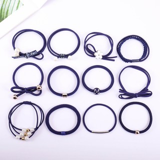 Set 12 thun cột tóc Hàn Quốc dễ thương - Gồm hộp (Xanh hải quân)