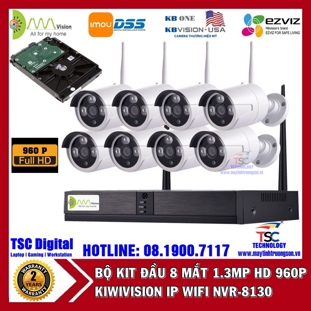 Bộ Camera KIWIVISION NVR8130 Wifi NVR Kit 8 Mắt Camera Thân Ống 1.3M HD 960P | Kèm Ổ Cứng Lưu Trữ 500GB