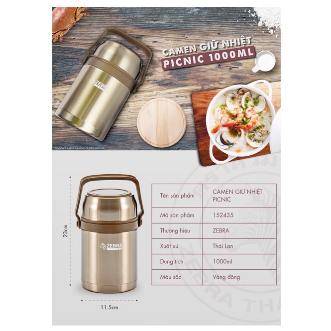 Bình ủ cháo giữ nhiệt Zebra Picnic 1L, hàng Thái Lan cao cấp 152435