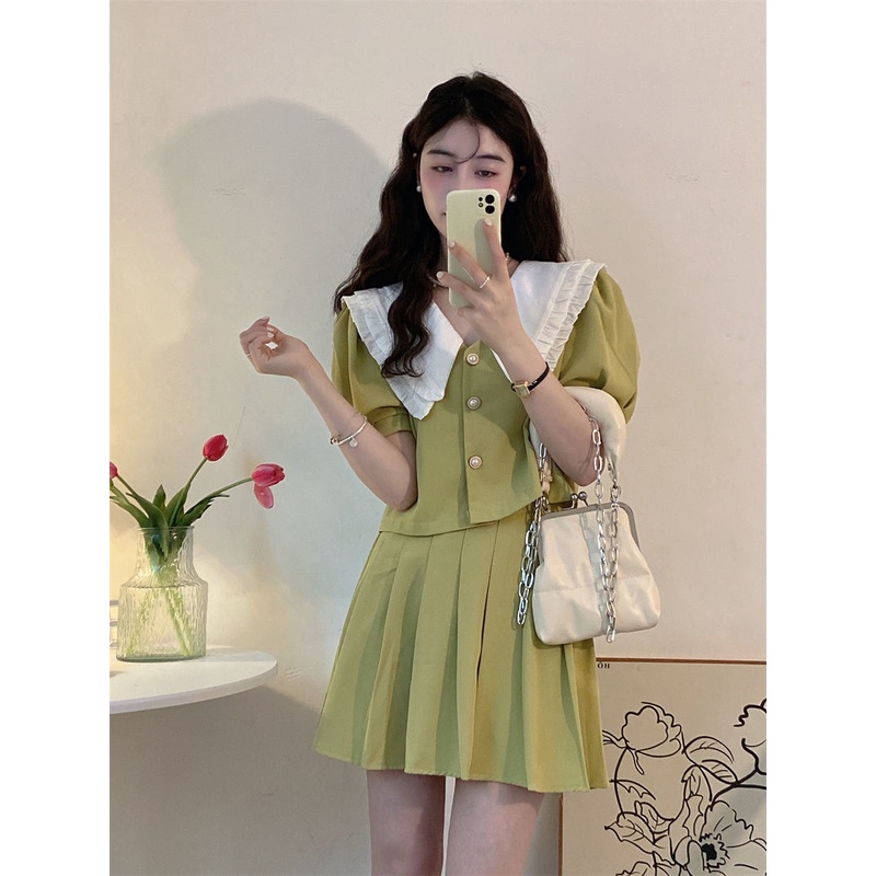 Set Áo Tay Phồng Cổ Búp Bê + Chân Váy Xếp Ly Lưng Cao Thời Trang Nữ