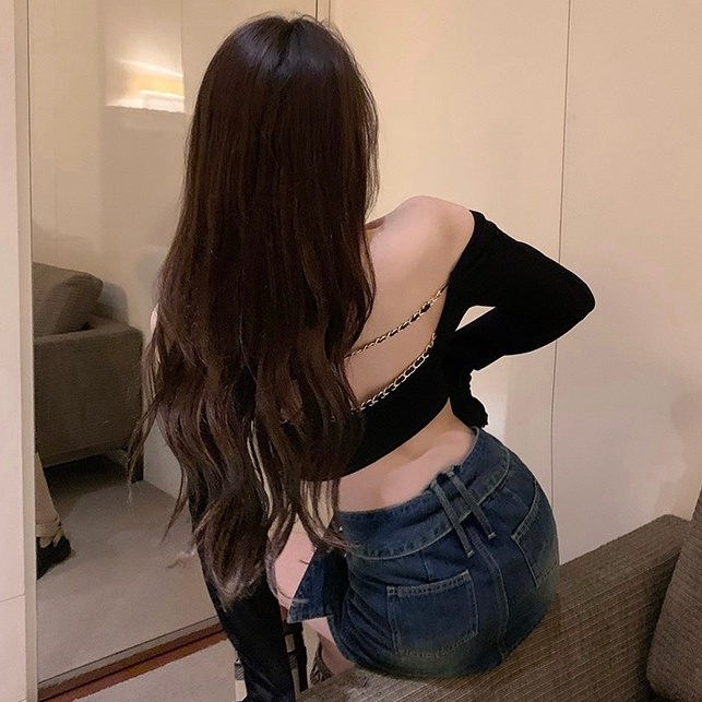 Áo thun crop top dệt kim ZHELIHANGFEI hở lưng phối dây xích trẻ trung quyến rũ thời trang cho nữ