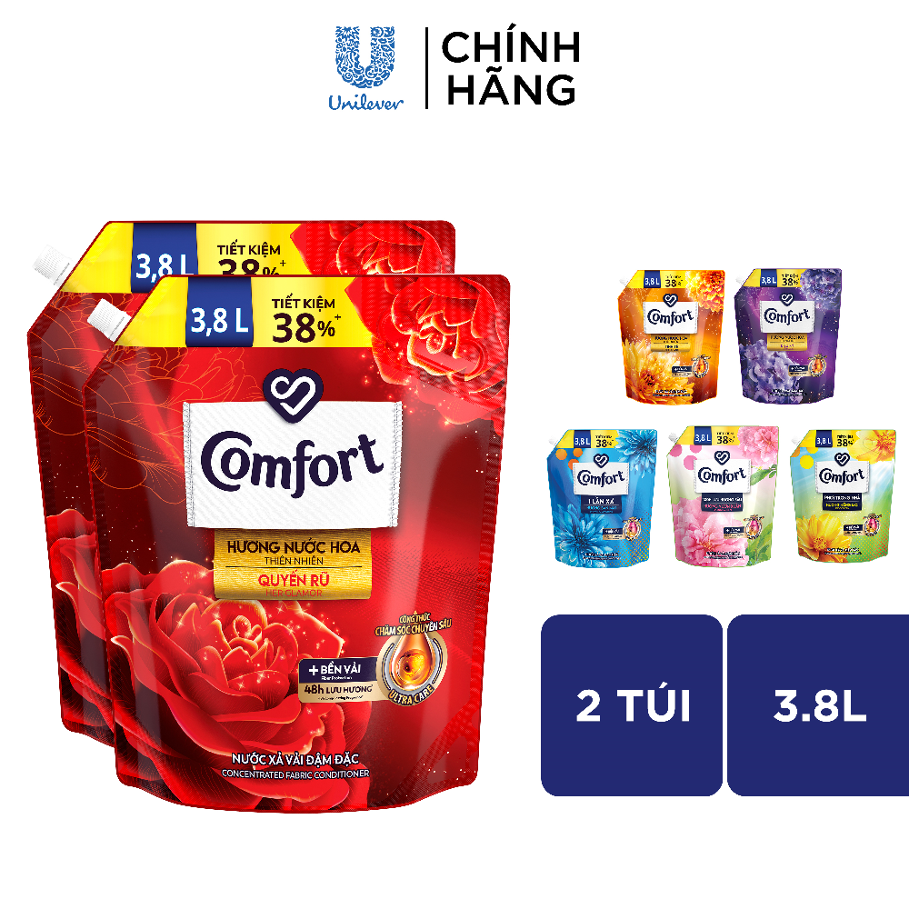 Combo 2 túi nước xả làm mềm vải Comfort Chăm sóc Chuyên sâu Đậm đặc Một lần xả túi 3.8L