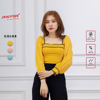 Áo croptop nữ CRAZYTEEN cổ vuông tay bồng nhún lưng phối nơ A0146