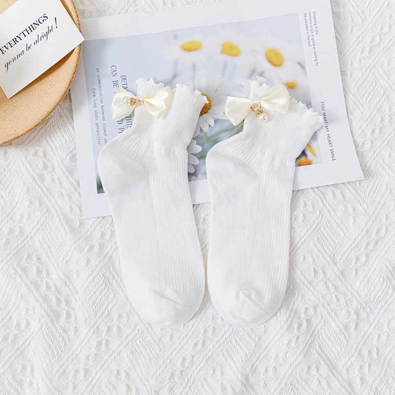 Vớ Cotton Cổ Cao Đính Nơ Phối Bèo Nhún Phong Cách Lolita Cho Nữ