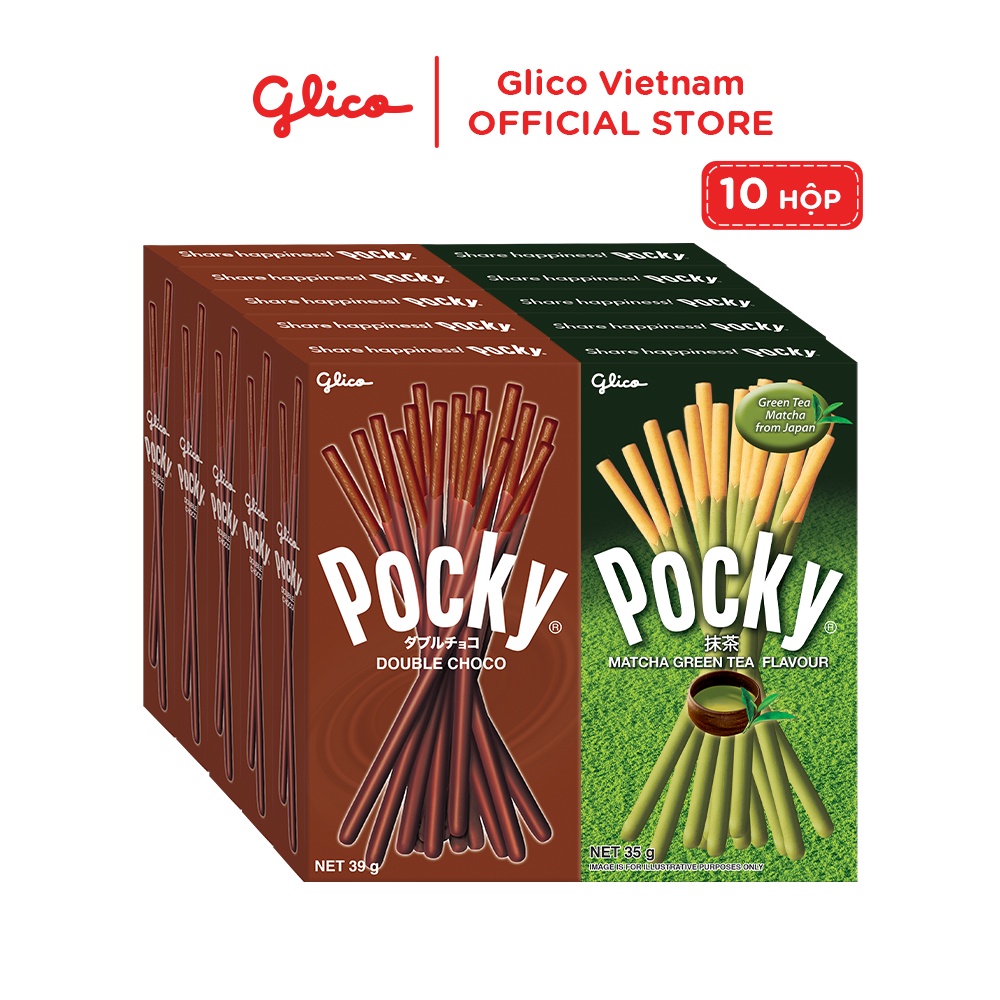 Bánh que phủ kem mix 2 vị nhân đôi socola &amp; matcha GLICO Pocky (Combo Happy Set J 10 hộp - 5 Double Choco 5 Matcha)