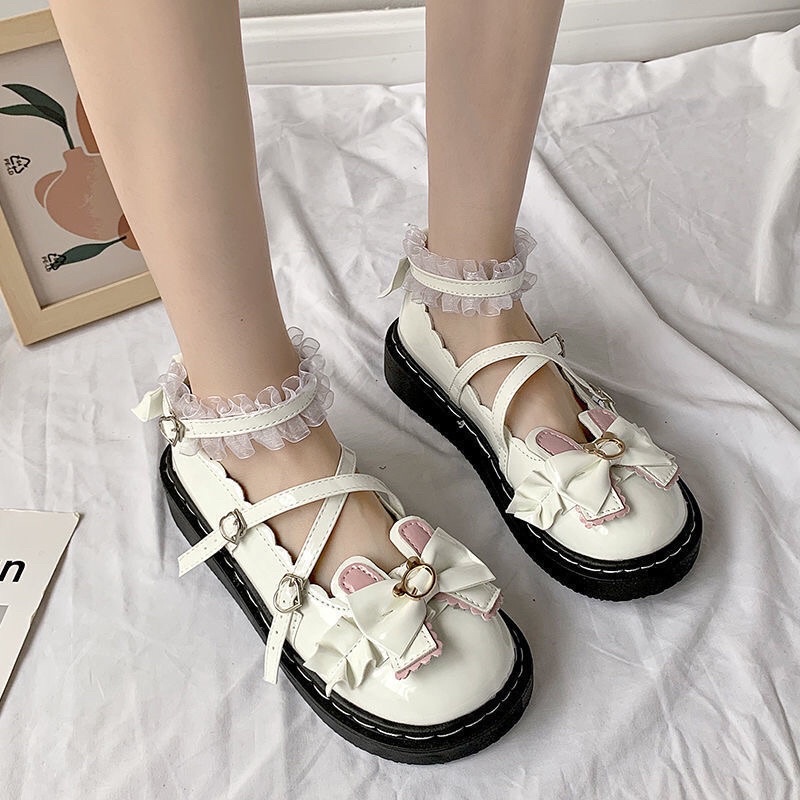 Giày lolita đế bệt da mũi tròn quai chéo gót đính nơ phong cách Nhật Bản
