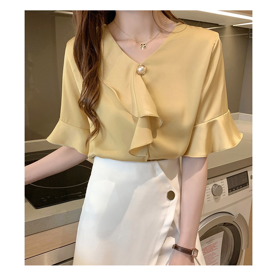 Korean Elegant Ruffle V Neck Casual Blouse Women Summer Flare Short Sleeve Shirt Yellow White Pink | BigBuy360 - bigbuy360.vn