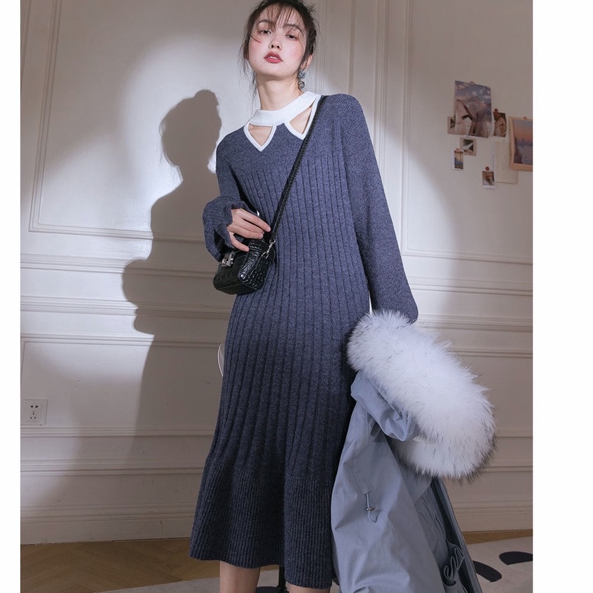 [Spot] Đầm sweater Dệt Kim Dáng Dài Khoét Rỗng Kiểu Hàn Quốc Thời Trang Thu Đông Cho Nữ