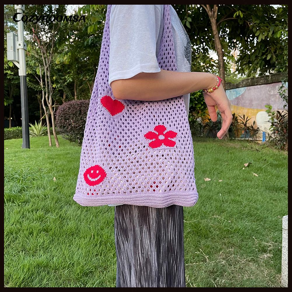 Túi Đeo Vai Đan Len Thủ Công Cỡ Lớn Phối Lưới Hoa Xinh Xắn