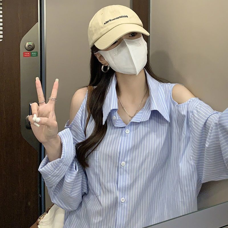 Áo Sơ Mi Tay Dài Dáng Rộng Hở Vai Họa Tiết Kẻ Sọc Màu Xanh Dương Phong Cách Hàn Quốc Thời Trang 2022 Mới Cho Nữ