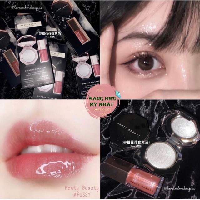 Set phấn Highlight và son bóng Fenty Diamond Bomb Baby Mini Lip Gloss