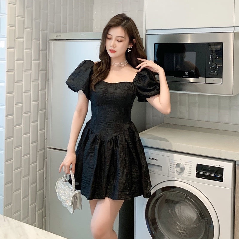 Váy tay bồng dáng xoè/ đầm tiểu thư cổ vuông VD02  màu đen- trắng siêu xinh