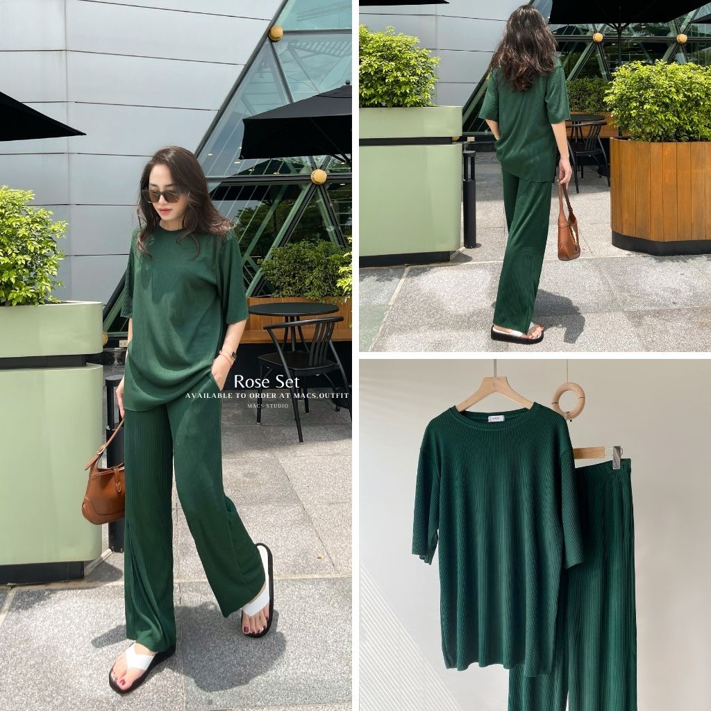 Set bộ li gân cao cấp, Áo tay lỡ oversize, quần suông tôn dáng thoáng mát thoải mái Macs Rose set