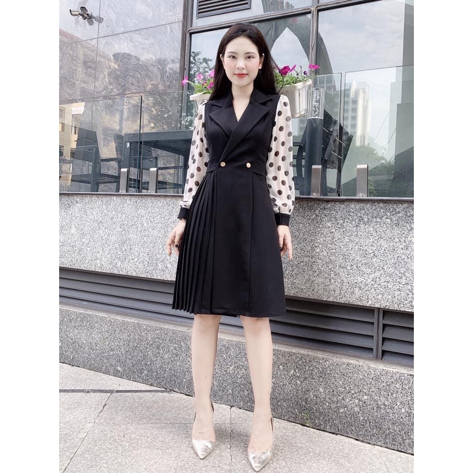 Đầm nữ / Chân váy xếp ly 👗 Đẹp DVC 💕  Đầm cổ vest phối tay dài chấm bi