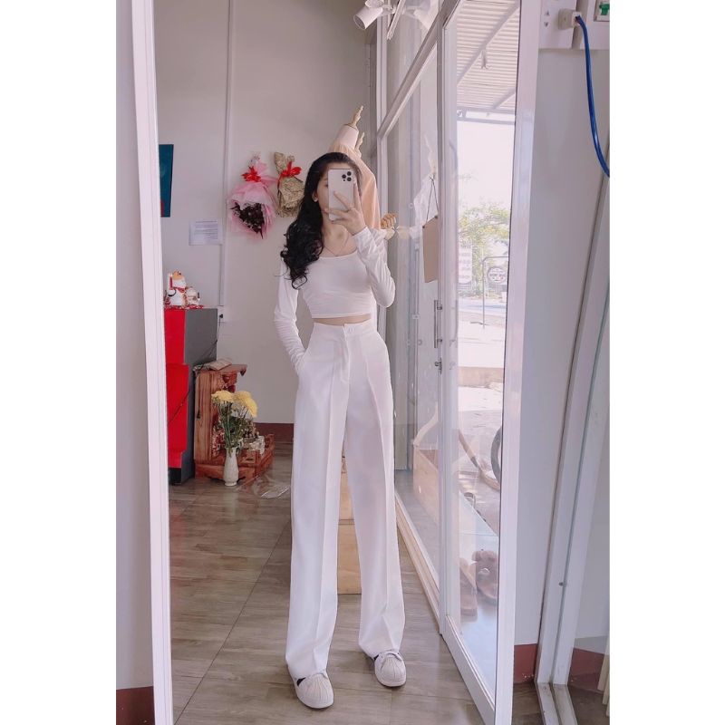 Quần ống rộng suông nữ culottes xuông lưng cao 1 khuy vải tuyết mưa bigsize 5 màu đen trắng be nâu tím