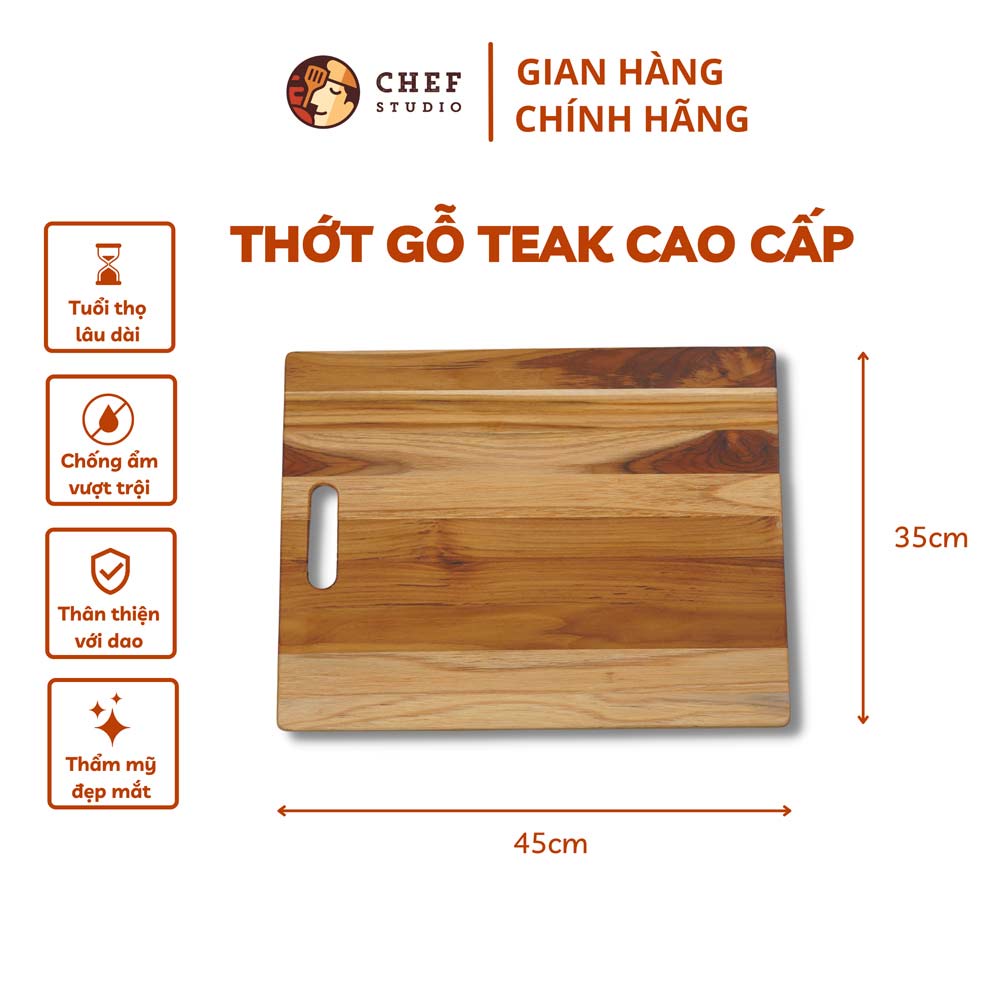 Thớt gỗ Teak Chef Studio cao cấp hình chữ nhật có tay nắm, dùng cho cắt thái và trang trí