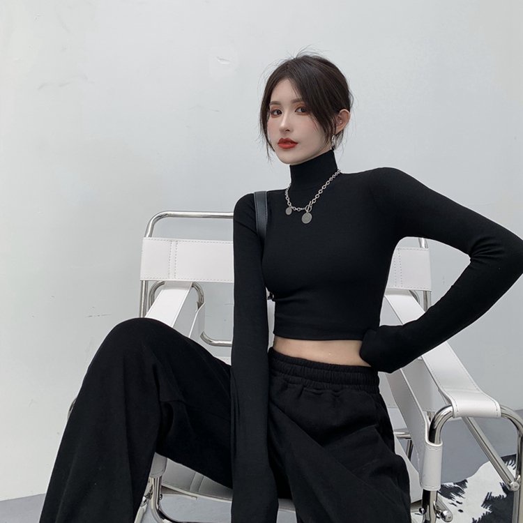 Áo croptop dài tay cao cổ đen trắng Wikishop freesize phom ôm sexy tôn dáng hở eo phong cách hàn quốc C643