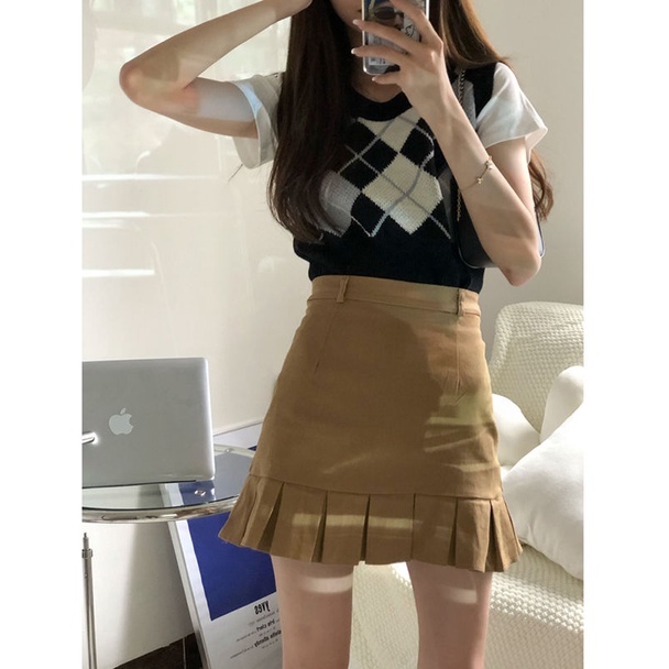 AMOI Chân Váy Ngắn Lưng Cao Màu Đen Thiết Kế Xếp Ly Thời Trang Cho Nữ