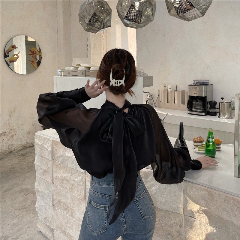 Áo sơ mi voan tơ tay bo phồng cổ thắt nơ thời trang thanh lịch