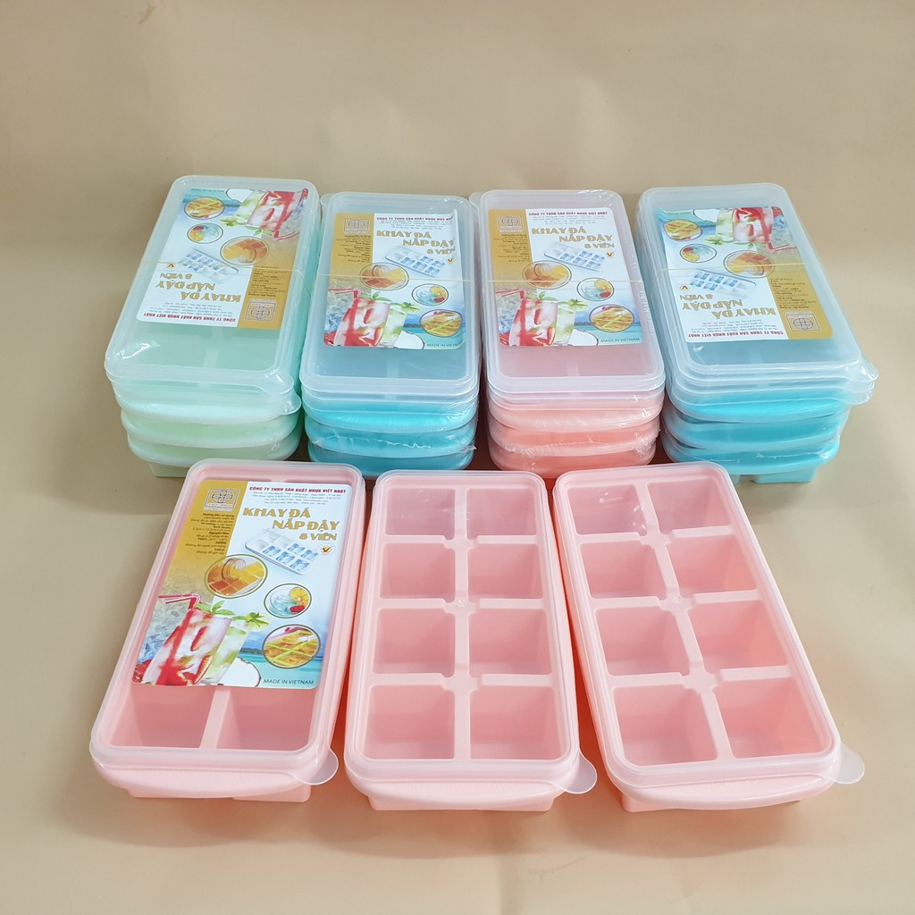 Vỉ Làm Đá 8 Viên  Có Nắp , Khay Làm Đá Chuẩn Xin Việt Nhật Chất Liệu Nhựa PP Nguyên Sinh An Toàn Sức Khỏe