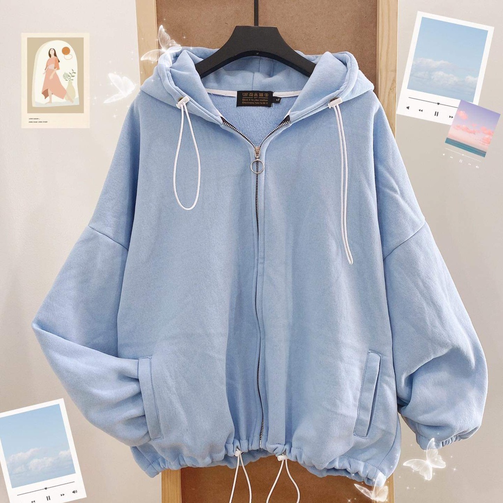 Áo Khoác Nỉ Bông Phối Dây Rút Tay Bồng Form Rộng Ulzzang