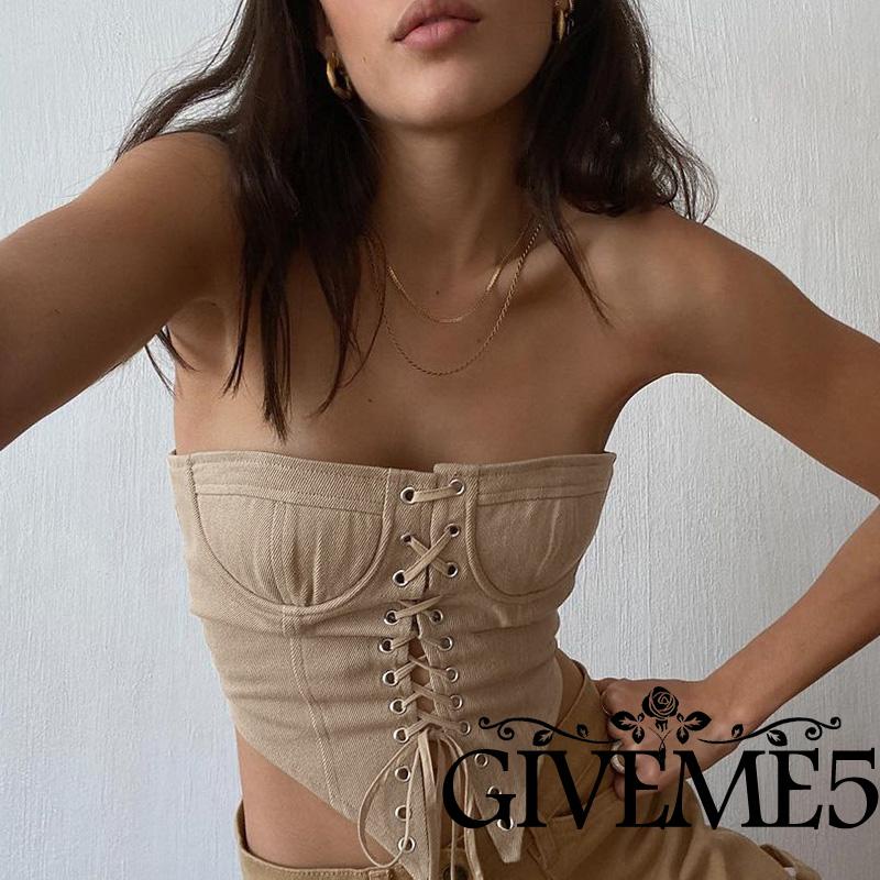 GIVEME-Women´s TubeTops Drawstring Straps Irregular Triangle Hem Off-Shoulder Slim-fitting Tops