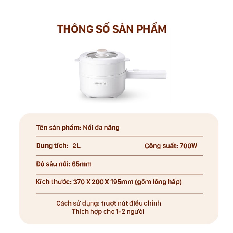 Nồi nấu đa năng 2L NONOSTYLE nấu lẩu, cơm tay cầm cách nhiệt, điện công suất 700W thích hợp 1 - 2 người - BH 12 tháng