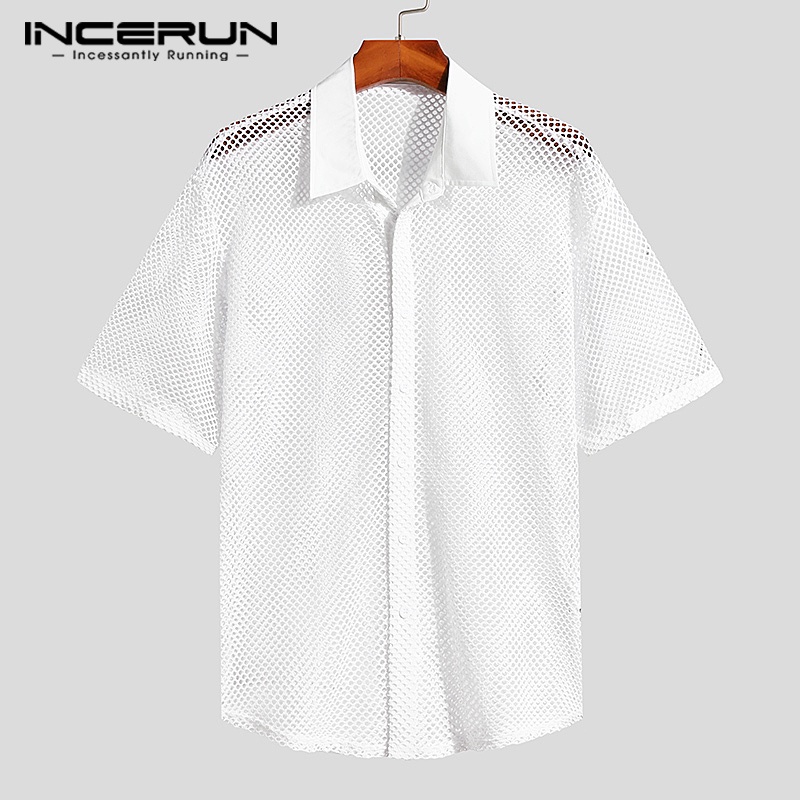 Áo sơ mi INCERUN lưới tay ngắn màu trơn phối nút thời trang dành cho nam
