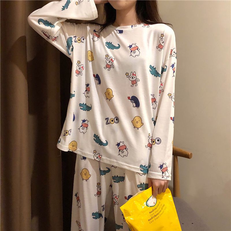 Bộ đồ ngủ dài tay in họa tiết hoạt hình xinh xắn cho nữ