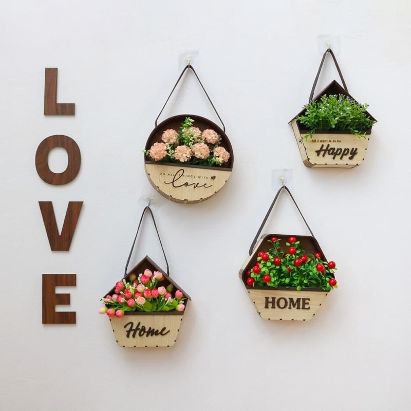 Giỏ hoa gỗ kèm hoa treo tường decor gia đình nhà cửa, cửa hàng và làm quà tặng