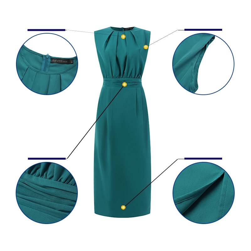 Đầm midi Zanzea không tay cổ tròn màu trơn có khóa kéo sau lưng thanh lịch dành cho nữ