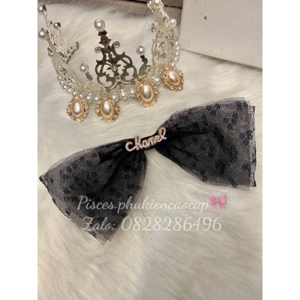 kẹp tóc nơ hot gơn nơ to phối ren chấm bi c.h.a.n.nel (kẹp mỏ vịt, kẹp sao 3 tầng)