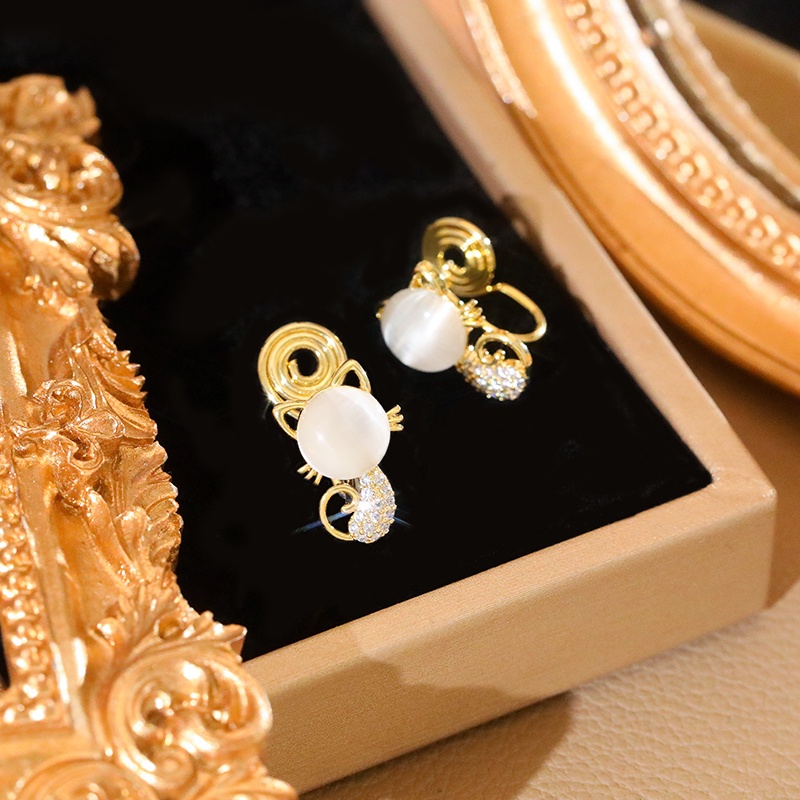 [Jiudolan] Khuyên Tai Đính Đá Opal Nhân Tạo Hình Mèo Dễ Thương Chống Muỗi Thời Trang Cho Nữ