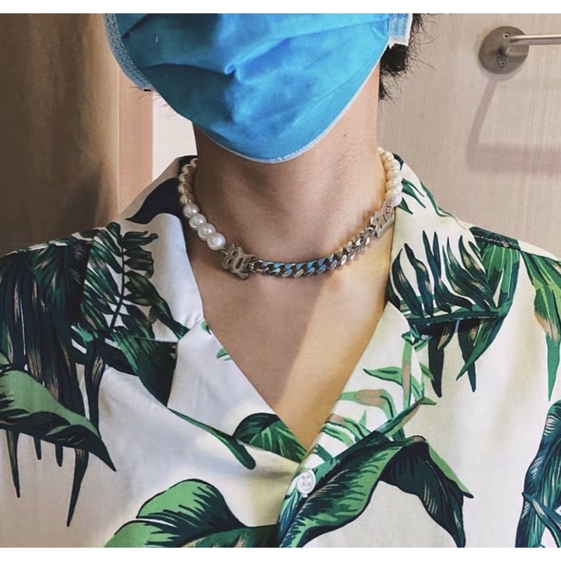 Vòng cổ nam nữ unisex chuỗi hạt trai phối mắt xích mài vát cạnh 10mm logo misbhv thép không gỉ