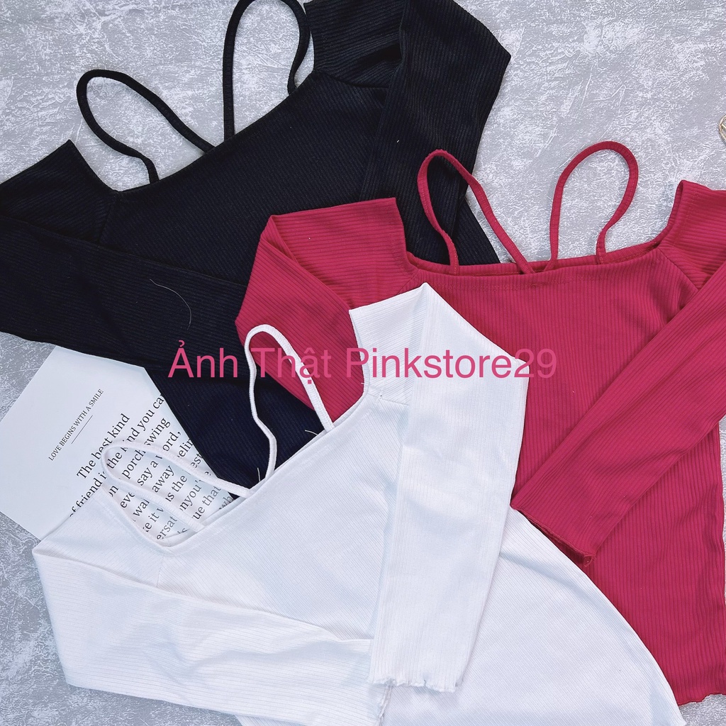 Áo Croptop Ôm Body Trễ Vai Tay Dài Phối Dây Treo Cổ Kiểu Yếm Rất Nữ Tính Nhẹ Nhàng Alohashop91