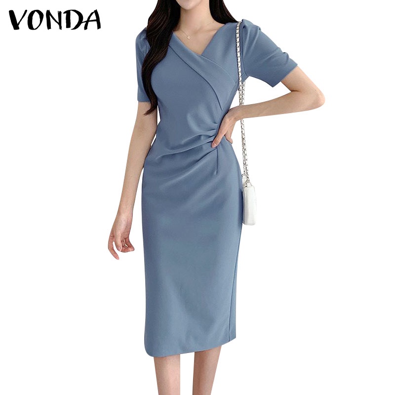 Đầm dài xếp ly VONDA tay ngắn cổ chữ V màu trơn khóa kéo sau lưng phong cách Hàn Quốc thời trang thanh lịch cho nữ
