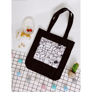 [Hình chụp thật] Túi Tote Túi Vải Leo Canvas Đen Đắp Hoạt Hình Trắng Đen