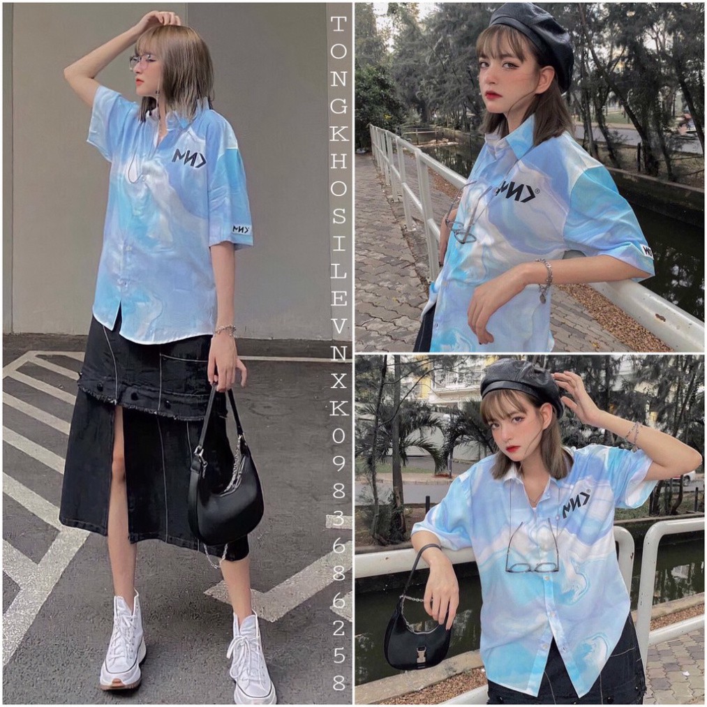 ÁO CỔ BẺ CỘC TAY NAM NỮ LOANG MYN DÁNG SƠ MI phom thụng ulzzang/ Áo sơ mi họa tiết chữ trẻ trung cá tính MÀU XANH HOT