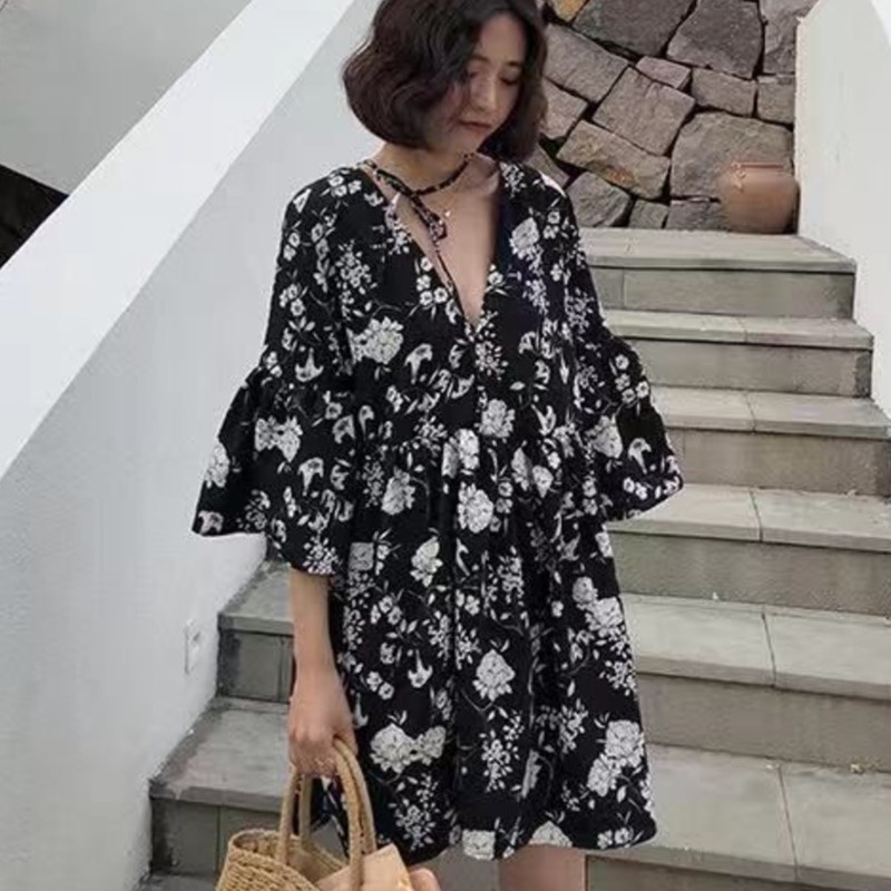 Đầm Hoa Ngắn Tay Cổ Chữ v Thời Trang Retro Hàn Quốc