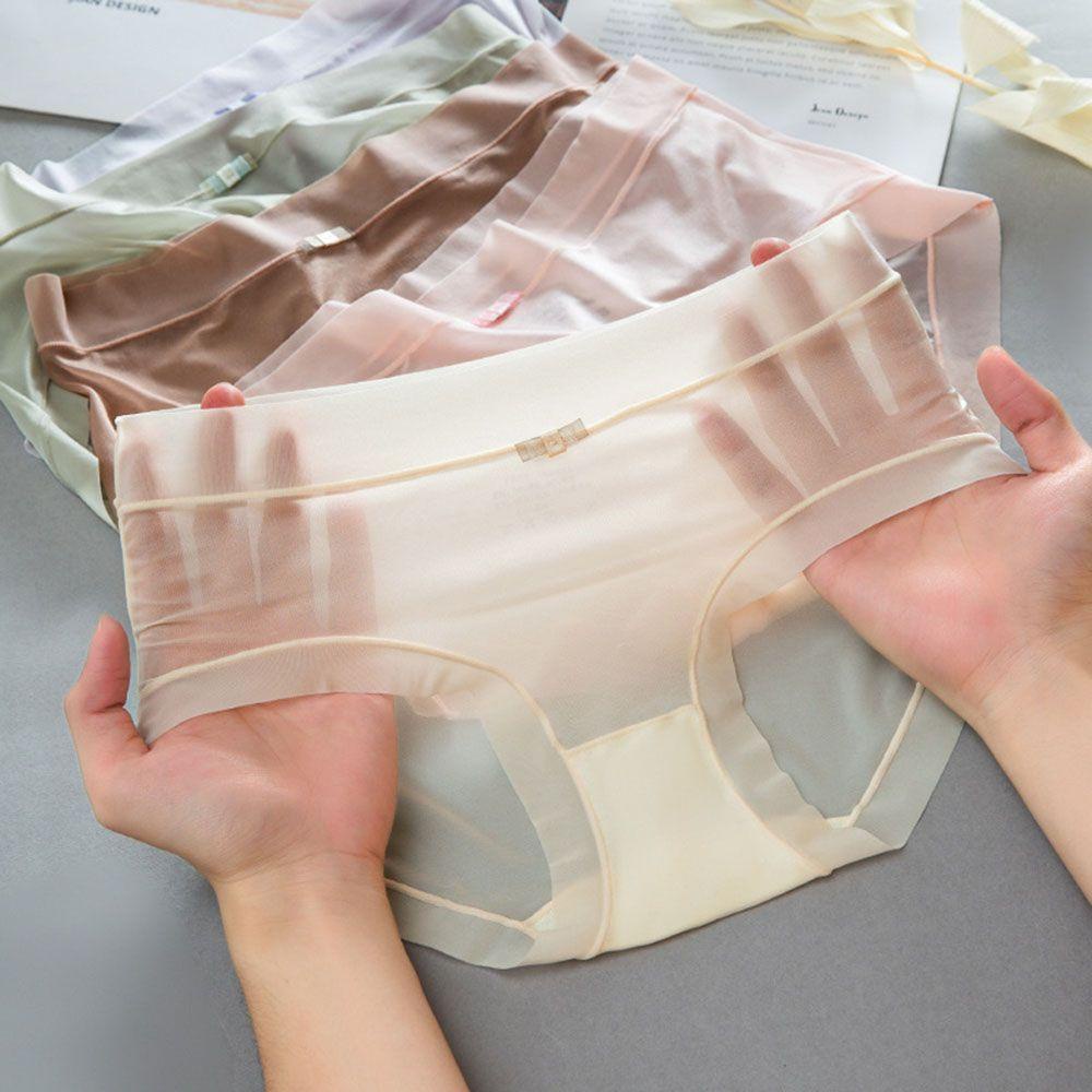 Quần Lót Cotton Lụa Lạnh Không Đường May Lưng Vừa Màu Trong Suốt Cho Nữ