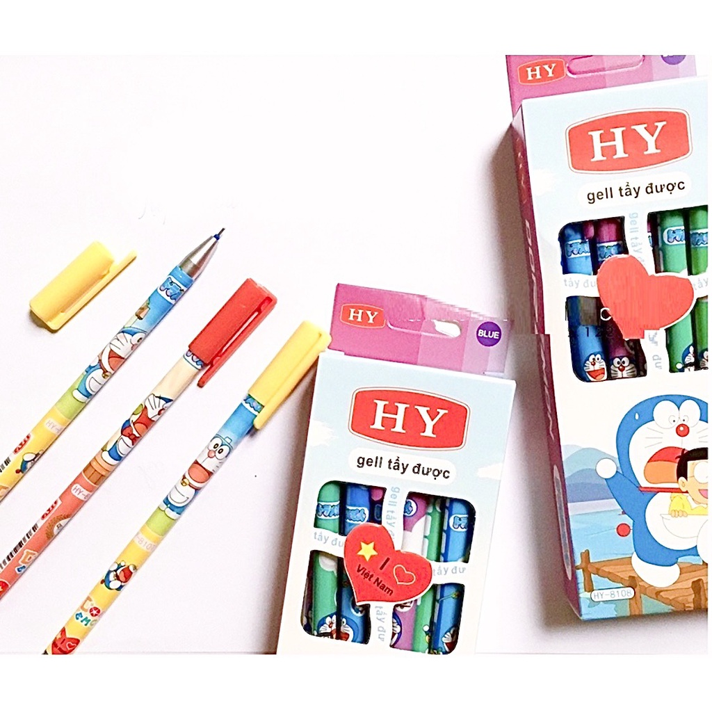 Hộp 12 cây bút Gel hình Doaremon tẩy xoá được thần kì có 3 màu xanh,tím,đen