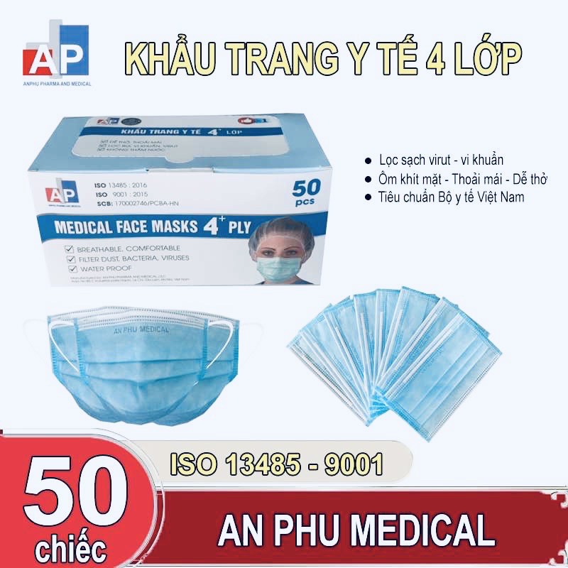 [CHÍNH HÃNG] KHẨU TRANG Y TẾ 4 lớp An Phú màu xanh. Lọc sạch vi rú, vi khuẩn, không thấm nước (Hộp 50 cái)