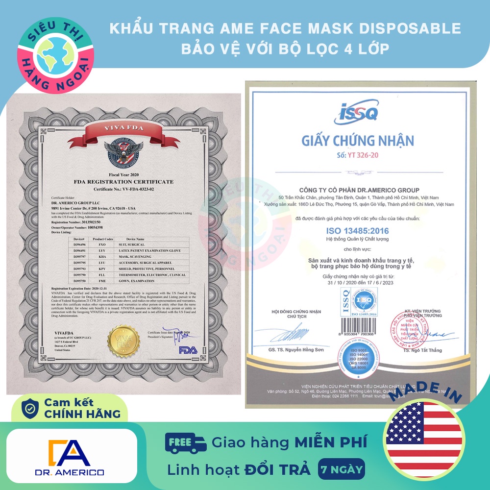 Khẩu trang Ame Face Mask Disposable 4 Layer Filter Protection [Bảo vệ với bộ lọc 4 lớp] USA Siêu Thị Hàng Ngoại