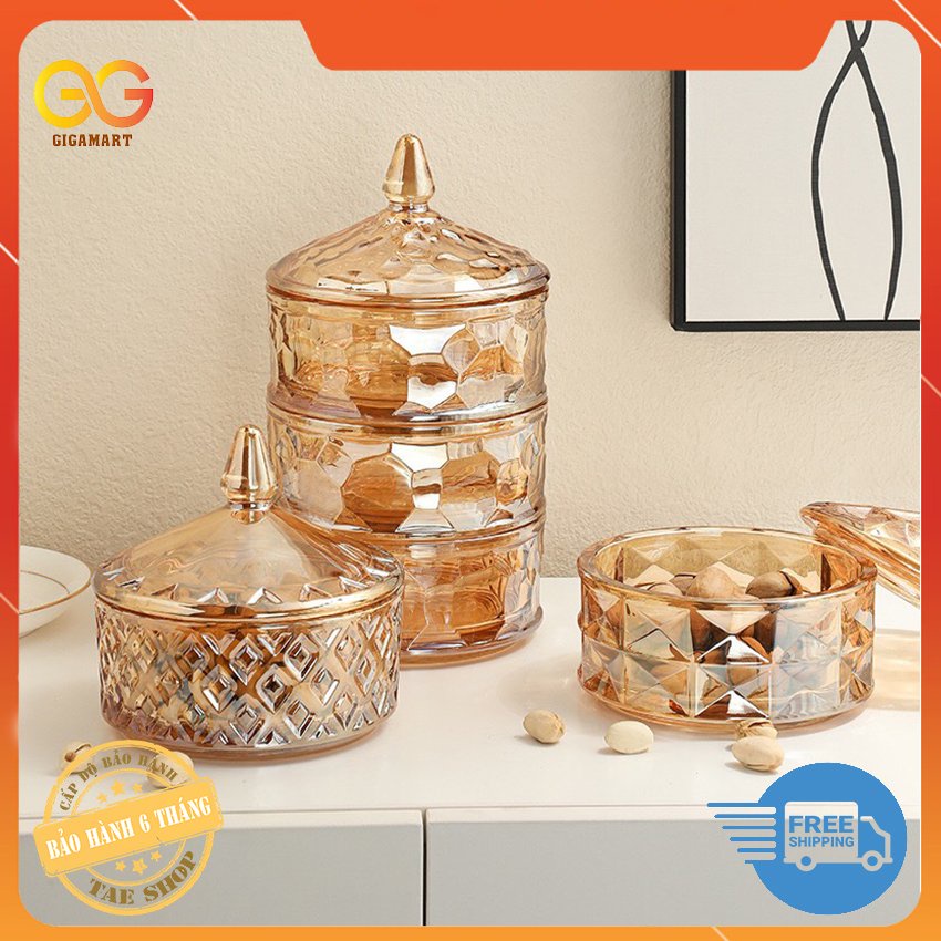 Thố thủy tinh đựng mứt màu vàng đồng cao cấp,thố đựng kẹo, hạt dưa, lọ thủy tinh đựng hạt khô-Hoa văn ngẫu nghiên