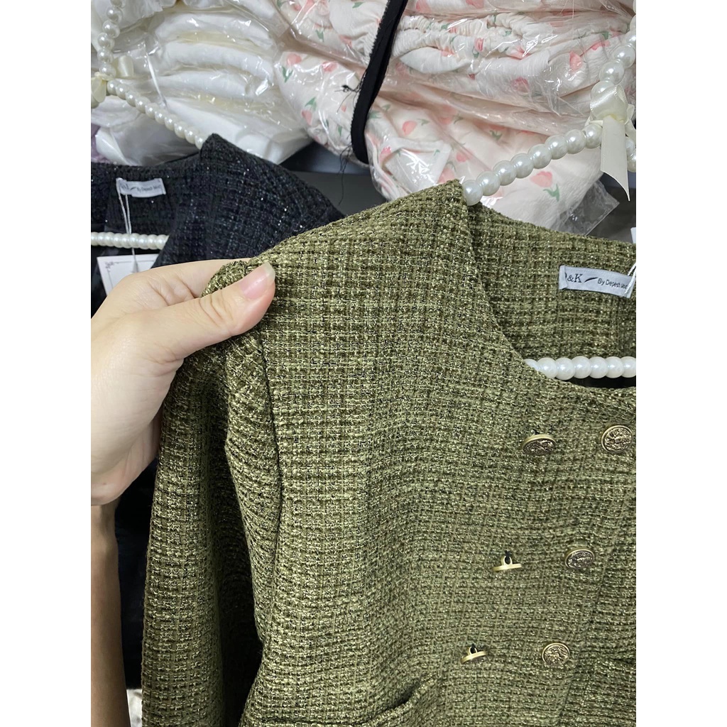 Áo khoác dạ vải tweed phong cách cổ điển RÊU cúc đồng thanh lịch