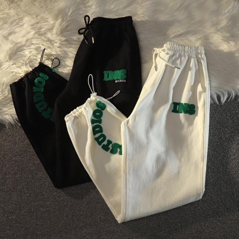 Quần Thun Bo Gấu Unisex Nam Nữ, Quần Ống Rút Chữ Xanh Thêu Mặc Được 2 Kiểu(Hàng Sẵn)