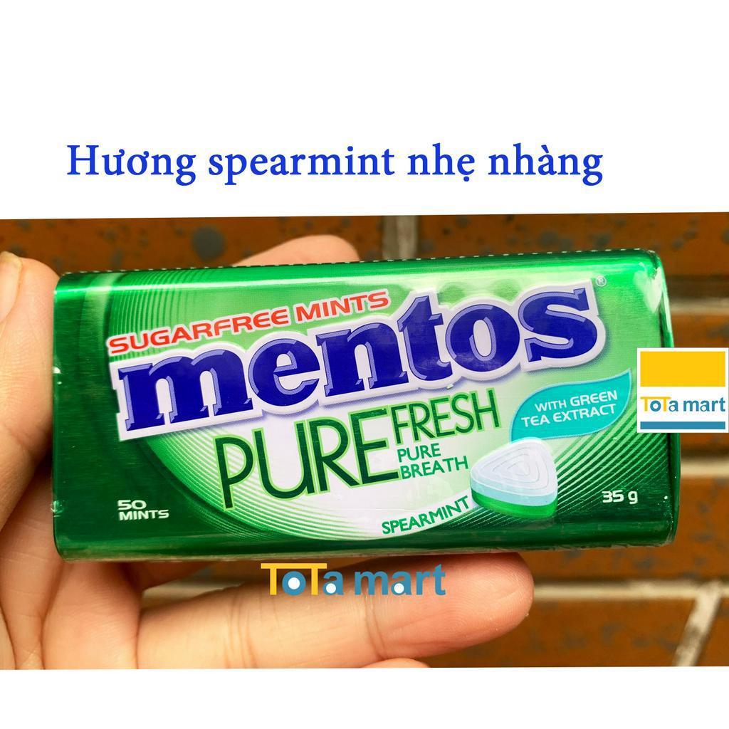 Kẹo ngậm không đường MENTOS PURE FRESH với peppermint và trà xanh hộp thiếc 35g