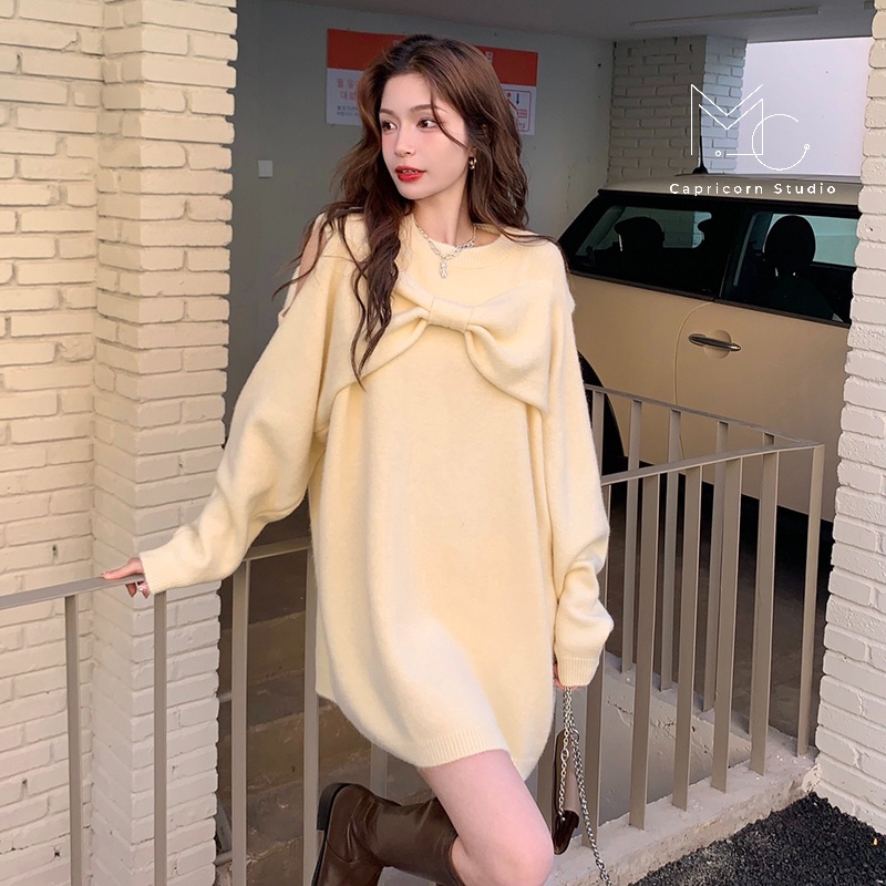 Áo len dài mùa thu đông thiết kế kiểu Pháp với nơ quây xinh xắn, khoét vai sexy