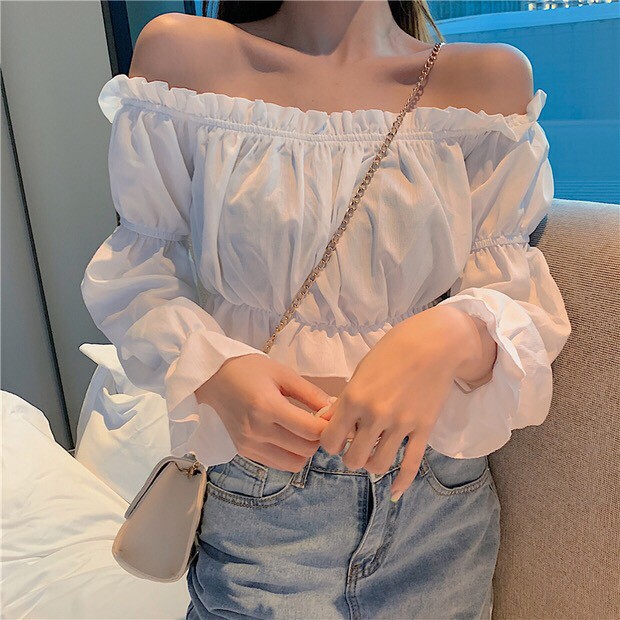 (loại mới) ÁO TRỄ VAI TIỂU THƯ CHUN BỒNG TAY DÀI VIỀN BÈO NHÚN ULZZANG - ÁO TRỄ VAI CROPTOP ĐEN TRẮNG