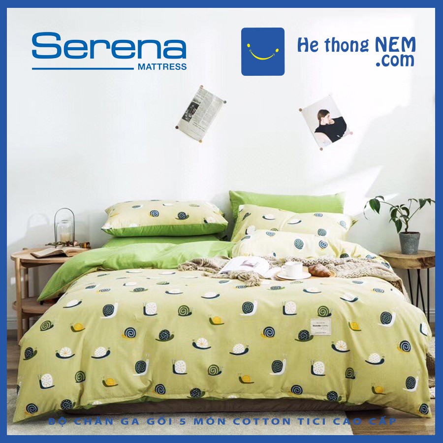 Bộ Chăn Ga Gối 5 Món Cotton Tici SERENA Set Ga Trải Giường Drap Phủ Giường Đẹp Cao Cấp - Hệ Thống Nệm